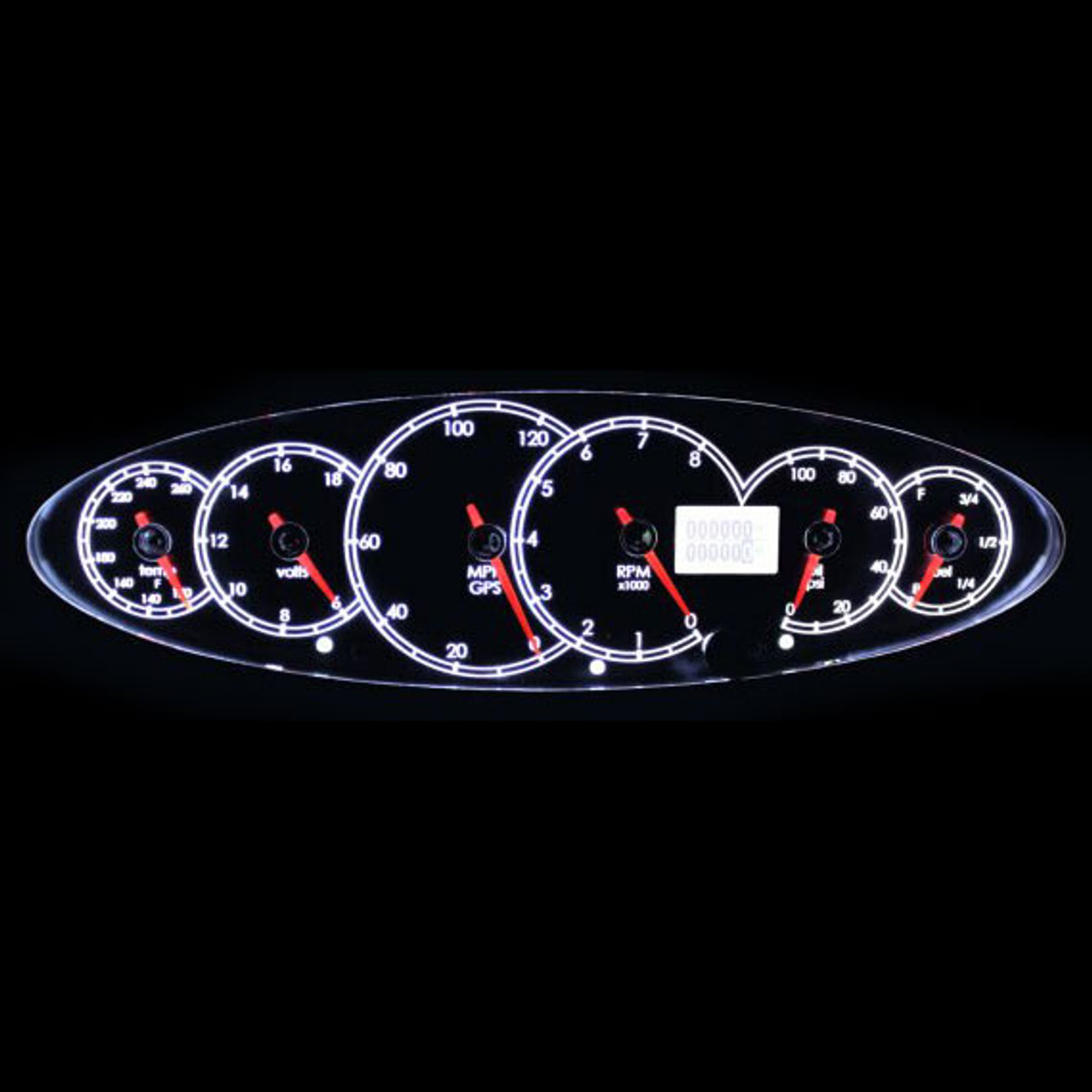 Legends - Icon - 6 in 1 Cluster (Black dial with White font, Chrome Blade Racer Red Pointer) Legends - Icon - 6 in 1 Cluster (Black dial with White font, Chrome Blade Racer Red Pointer)