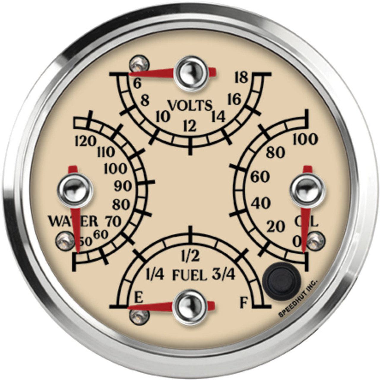 4" Quad Gauge - Celsius Water Temp, Volts, Oil psi, Fuel Level - Antique Design 4" Quad Gauge - Celsius Water Temp, Volts, Oil psi, Fuel Level - Antique Design