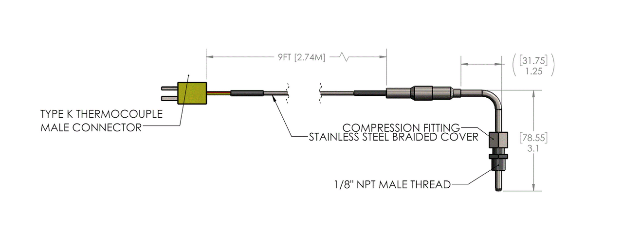 EGT/Ultra Low Type K Probe 9' long, Braided steel line.