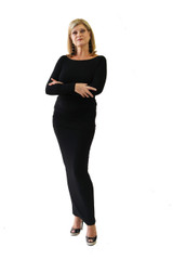 A classic for the stage. Simple black bamboo boat neck dress.
The dress is 3 meters long and ruches up to give a thin appearance. This dress can be worn at ant length.