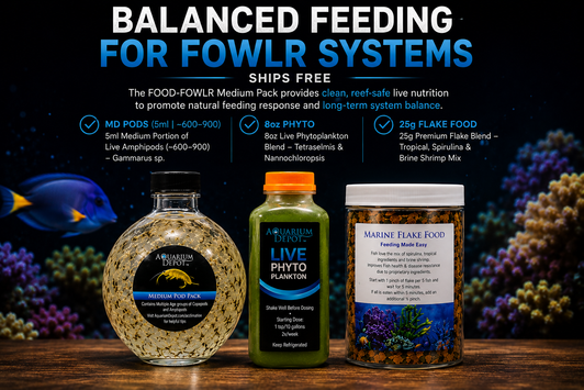 Live Fish Food – FOWLR Pack – Medium | Pods + Phyto + Flake – Ships Free