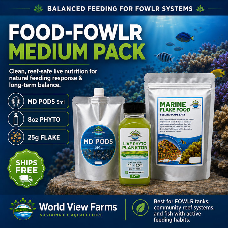 Live Fish Food – FOWLR Pack – Medium | Pods + Phyto + Flake – Ships Free