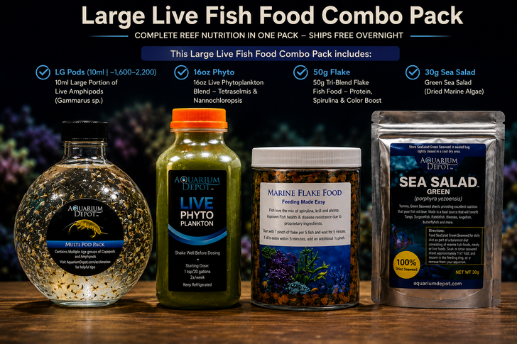 Live Fish Food Combo Pack – Large | Pods + Phyto + Flake + Dried Algae  – Ships Free Overnight