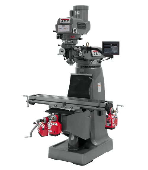 JET JT9-690094-4 JTM-4VS Mill With 3-Axis Newall NMS800 DRO (Knee) With X, Y and Z-Axis Powerfeeds and Power Draw Bar 460V