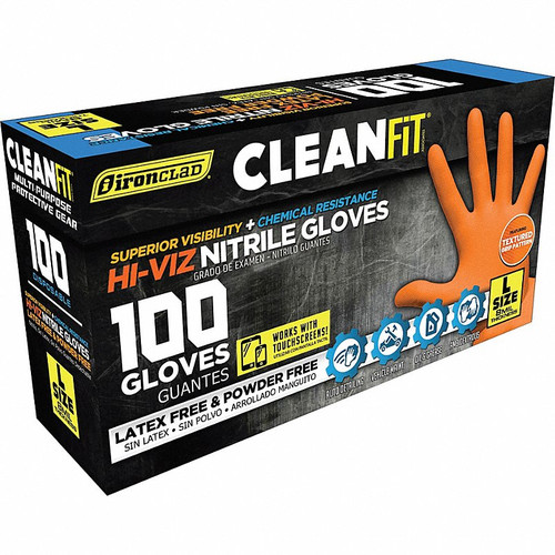 Ironclad Hi Viz L Clean-Fit Disposable Nitrile Gloves, Powder-Free, Large L, 8 MIL, Hi Viz (Orange), 1 Pack (100 pcs)