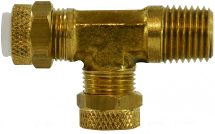 Midland Metal Poly-Flo 20313 Run Tee, 3/8 in Tube OD x 3/8 in Tube OD x 1/4 in MNPTF, Brass