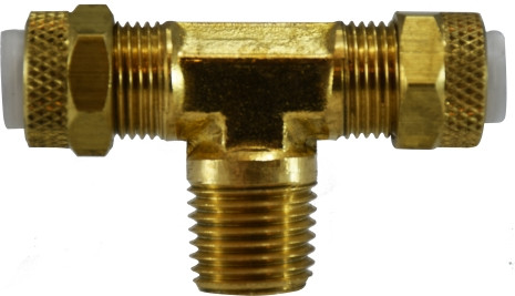 Midland Metal Poly-Flo 20322 Branch Tee, 3/8 in Tube OD x 3/8 in Tube OD x 1/8 in MNPTF, Brass