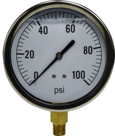 Midland Metal 80463 Pneumatic Pressure Gauge, 4 in Dial, 0 to 100 psi Measuring Range, +/-1.5 % Accuracy