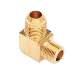 Mid-America Fittings 249X7 90 deg Barstock Elbow, 7/16 in SAE 45 deg Male Flared x 1/4 in MPT, Brass