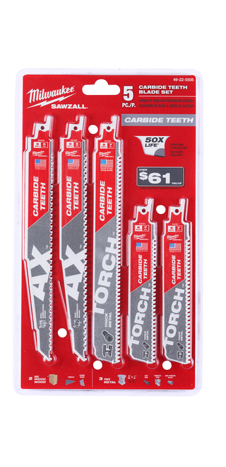 Milwaukee 49-22-5505 5pc Carbide Teeth SAWZALL Blade Set