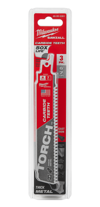 Milwaukee 48-00-5301 6" 8TPI The TORCH with Carbide Teeth SAWZALL Blade 3PK
