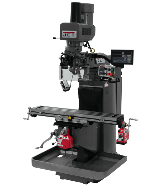 JET JT9-690543 JTM-949EVS Mill With 3-Axis Newall NMS800 DRO (Knee) With X and Y-Axis Powerfeeds and Air Powered Draw Bar