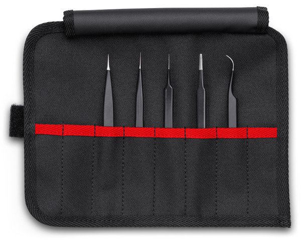 Knipex 5 Pc Stainless Steel Tweezers Set in Tool Roll, ESD 920001ESD