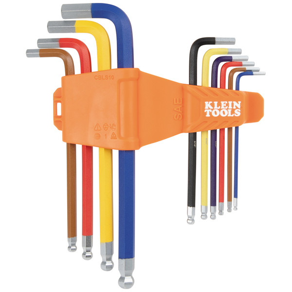 Klein Tools CBLS10 Powder Coated Long Ball-End Hex Key Set, SAE, 10-Piece