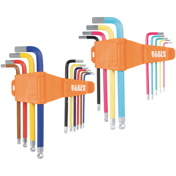 Klein Tools CBLS19 Powder Coated Long Ball End Hex Key Set, SAE and Metric, 19-Piece