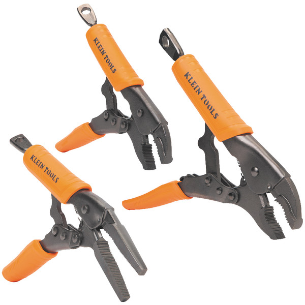 Klein Tools 38665 Locking Pliers, Long Nose 6-Inch, Curved Jaw 7- and 10-Inch, 3-Piece