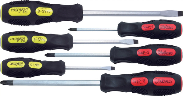 Ko-ken 166PS/6 Phillips and Flat Head Blade Through Type Screwdriver Set, PH1-2-3/SL5-6-8 - 6 pieces