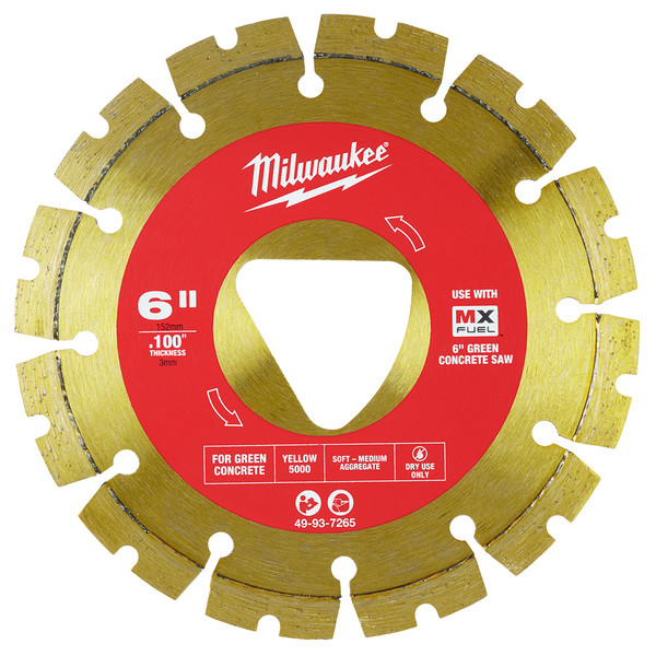 Milwaukee 49-93-7265 Yellow 6 x .100 Diamond Blade for Green Concrete