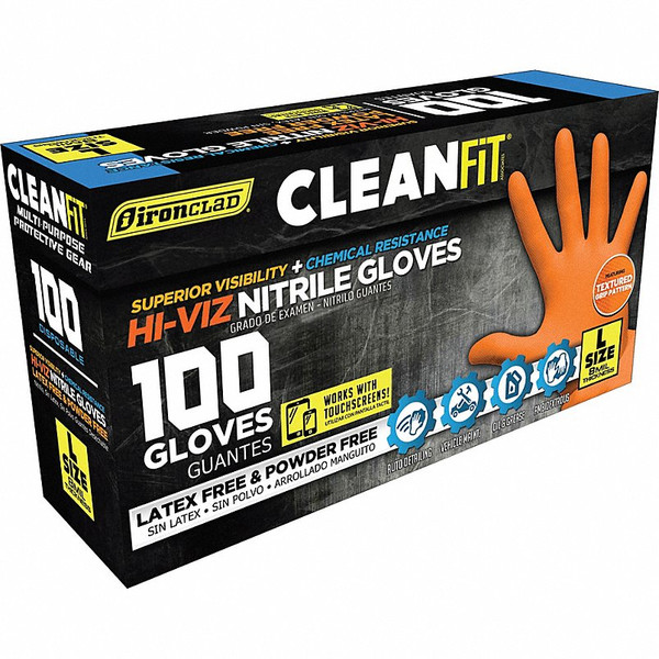 Ironclad Hi Viz M Clean-Fit Disposable Nitrile Gloves, Powder-Free, Medium M, 8 MIL, Hi Viz (Orange), 10 Pack (1,000 pcs)