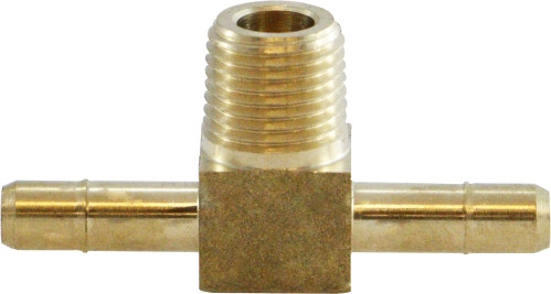 Midland Metal 21193 Single Barb Branch Tee, 1/4 in Barbed x 1/4 in Barbed x 1/8 in MPT, Brass
