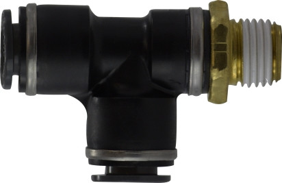 Midland Metal 710604SC Fixed Run Tee, 3/8 in Push-In x 1/4 in Push-In x 3/8 in MIP, Composite