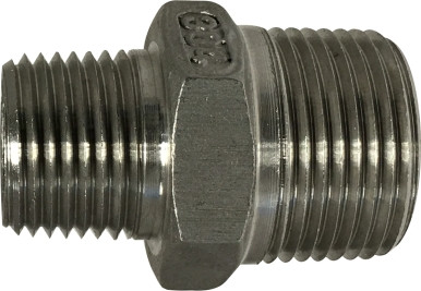 Midland Metal 63745 Reducing Hex Nipple, 1/2 in MPT x 3/8 in MPT, Stainless Steel