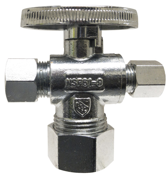 Midland Metal 746440 3-Way Supply Stop, 5/8 x 3/8 x 3/8 in Nominal, Brass Body, Chrome-Plated