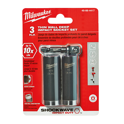 Milwaukee 49-66-4417 3PC SHOCKWAVE Impact Duty 3/8" Drive SAE Deep 6 Point Socket Set