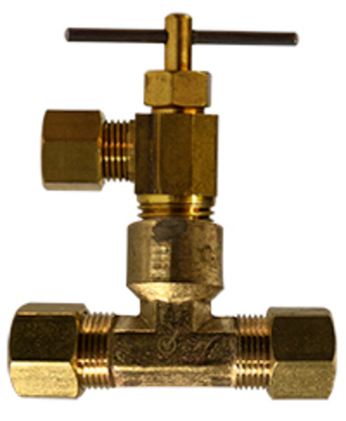 AMC 709178-0406 Needle Valve with Tee, 1/4 x 3/8 in Nominal, Compression x Compression, Brass Body