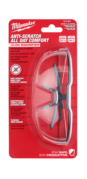 Milwaukee 48-73-2204 Safety Glasses - +2.00 Magnified Clear Anti-Scratch Lenses