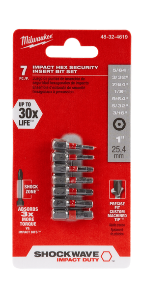 Milwaukee 48-32-4619 7-Piece SHOCKWAVE Impact Hex Security Insert Bit Set 3PK