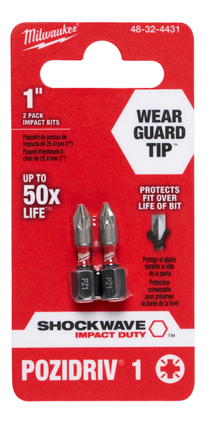 Milwaukee 48-32-4431 SHOCKWAVE 2-Piece Impact Phillips #1 Insert Bits (2 Pack)