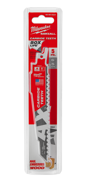 Milwaukee 48-00-5521 The Ax with Carbide Teeth SAWZALL Blade 6 in. 5T 5PK
