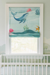 Ocean Whale Adventure Linen Roman Shade – Custom Corded Kids & Nursery Blind, Aqua Mint Under-Sea Print, OEKO-TEX Linen, Blackout / Light-Filtering