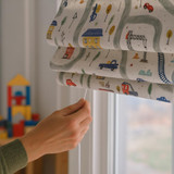 Road-Map Adventure Linen Roman Shade – Custom Corded Kids & Nursery Blind, Cream Base Cars + Trains Print, OEKO-TEX Linen, Blackout / Light-Filtering
