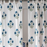 White and Blue Floral Hand Block Printed Light Filtering Curtains - Organic Cotton, Customizable