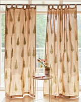 Hand-Block Printed Off-White Organic Cotton Curtains: Cypress Tree Design, Standard & Custom Sizes, Multiple Heading Styles (Rod Pockets, Loops, Tabs, Grommets) - Single Panel or Sets, Liner Options (Light Filtering, Blackout)
