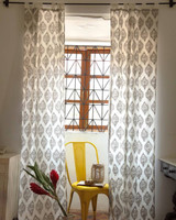 Handcrafted Organic Cotton Curtains with Dark Grey Damask Block Print (Single Panel or Pair)