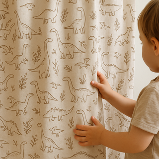 Dinosaur Print Linen Curtains for Nursery or Kids Room – Custom Sizes – Blackout or Light Filtering Liner Dinosaur Print Linen Curtains for Nursery or Kids Room – Custom Sizes – Blackout or Light Filtering Liner