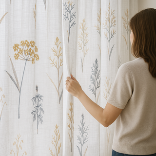 Embroidered Linen Sheer Curtains – Botanical Pattern – Light Filtering – 4 Color Options – Custom Sizes Embroidered Linen Sheer Curtains – Botanical Pattern – Light Filtering – 4 Color Options – Custom Sizes