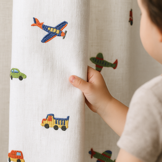 Kids Linen Curtains – Embroidered Cars, Trucks & Planes | Custom Sizes | Light-Filtering or 100 % Blackout Kids Linen Curtains – Embroidered Cars, Trucks & Planes | Custom Sizes | Light-Filtering or 100 % Blackout