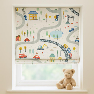 Road-Map Adventure Linen Roman Shade – Custom Corded Kids & Nursery Blind, Cream Base Cars + Trains Print, OEKO-TEX Linen, Blackout / Light-Filtering