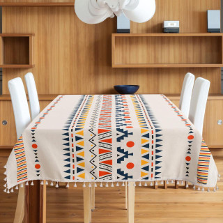 Tribal Geometric Pattern Cotton Tablecloth with Tassels | Orange & Blue Aztec Print | 54x72 & 54x92 | For 4-8 Seater Dining Table | Machine Washable