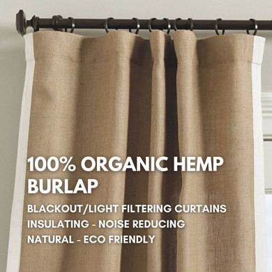 Organic Hemp Burlap Curtains in Natural Hemp Color. Blackout or Light Filtering Curtain Options. Sold as single or as a set of 2