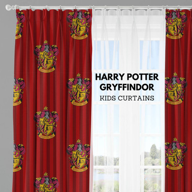 Harry Potter Gryffindor House Red Curtains for Kids' Room - Pinch Pleated, Light Filtering or Insulating Blackout Liner - Organic Cotton Fabric - Single Curtain or Set of 2 Curtains for Nursery Décor