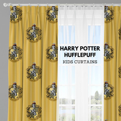 Harry Potter Hufflepuff House Curtains for Kids' Room - Pinch Pleated, Light Filtering or Insulating Blackout Liner - Organic Cotton Fabric - Single Curtain or Set of 2 Curtains - Enchanting Hufflepuff Yellow Pattern