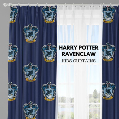 Magical Ravenclaw House Harry Potter Curtains for Kids' Room - Pinch Pleated, Light Filtering or Insulating Blackout Liner - Organic Cotton Fabric - Single Curtain or Set of 2 Curtains - Elegant Ravenclaw Blue Pattern