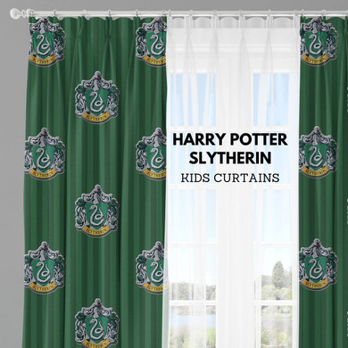 Magical Slytherin House Harry Potter Curtains - Organic Cotton, Pinch Pleated, Light Filtering or Insulating Blackout Liner, Single or Set of 2 Curtains, Perfect for Kids' Room and Nursery