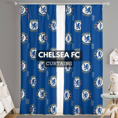 Chelsea FC Themed Organic Cotton Pinch Pleated Curtains - Customizable Sizes, Blackout or Light Filtering Options - Single Curtain or Set of 2 | Licensed English Premier League Fan Decor