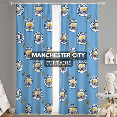 Manchester City FC Themed Organic Cotton Pinch Pleated Curtains - Customizable Sizes, Blackout or Light Filtering Options - Single Curtain or Set of 2 | Licensed English Premier League Fan Decor